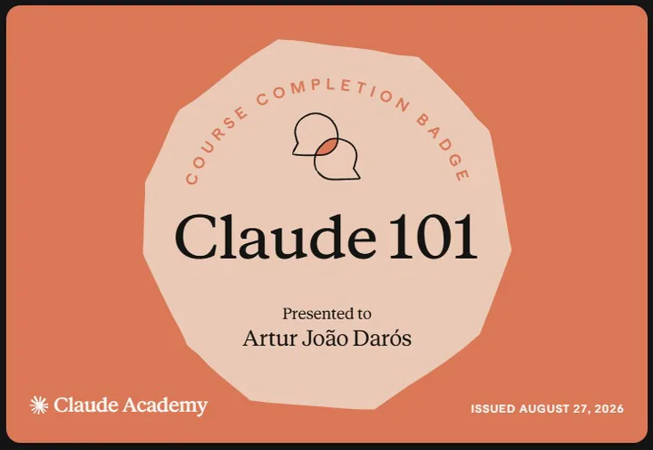 Selo de conclusão da Claude Academy: Claude 101, emitido em 27 de agosto de 2026.