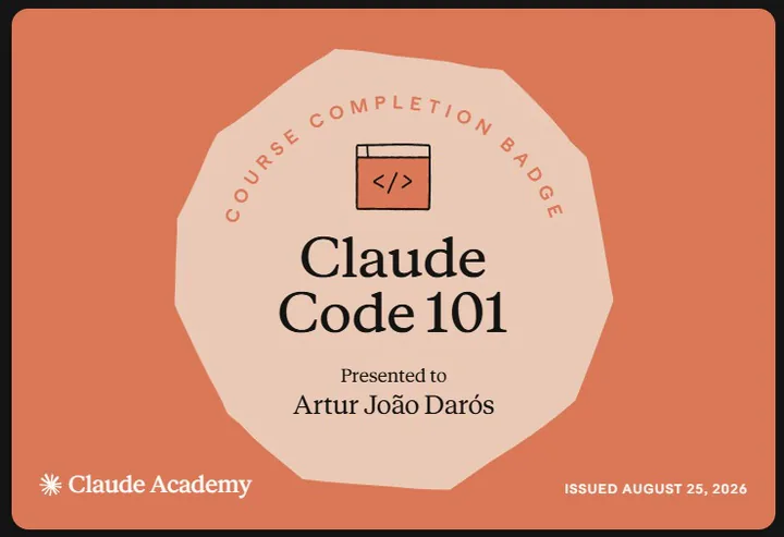 Selo de conclusão da Claude Academy: Claude Code 101, emitido em 25 de agosto de 2026.