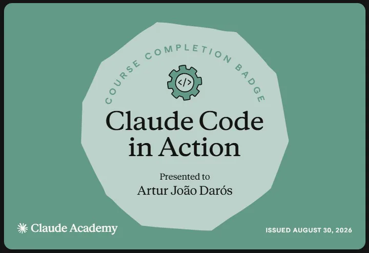 Selo de conclusão da Claude Academy: Claude Code in Action, emitido em 30 de agosto de 2026.