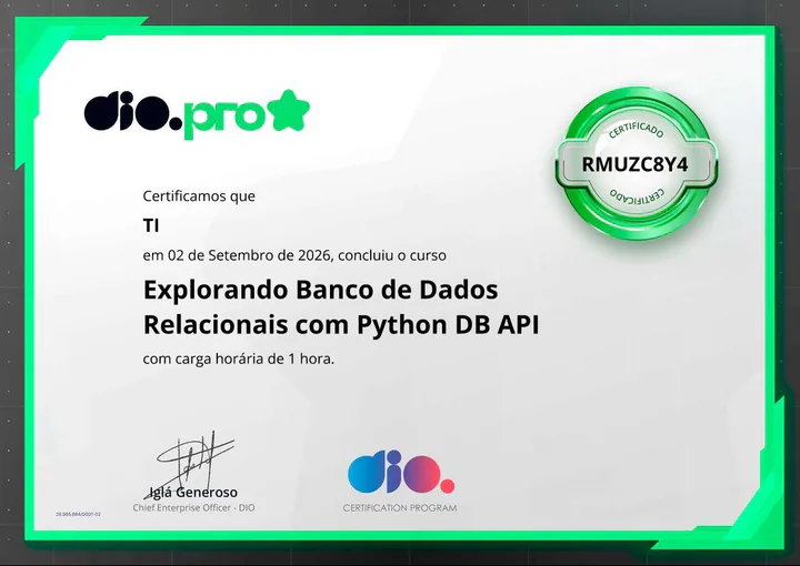 Certificado da DIO: Explorando Banco de Dados Relacionais com Python DB API, concluído em 2 de setembro de 2026, carga horária de 1 hora.