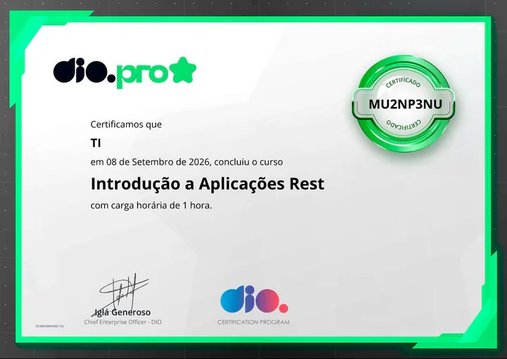 Certificado da DIO: Introdução a Aplicações Rest, concluído em 8 de setembro de 2026, carga horária de 1 hora.